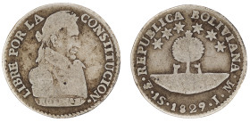 Moneda Republicana. Bolivia. 1 Sol. 1829. J.M. Potosí. Anv: Busto del Libertador Simón Bolívar mirando hacia la derecha; BOLIVAR / LIBRE POR LA / CONS...
