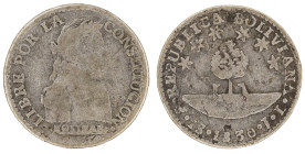 Moneda Republicana. Bolivia. 1 Sol. 1830. J.L. Potosí. Anv: Busto del Libertador Simón Bolívar mirando hacia la derecha; BOLIVAR / LIBRE POR LA / CONS...