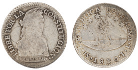 Moneda Republicana. Bolivia. 1 Sol. 1830. J.L. Potosí. Anv: Busto del Libertador Simón Bolívar mirando hacia la derecha; BOLIVAR / LIBRE POR LA / CONS...