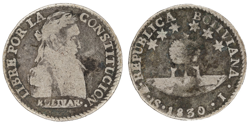 Moneda Republicana. Bolivia. 1 Sol. 1830. J. Potosí. Anv: Busto del Libertador S...