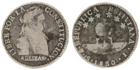 Moneda Republicana. Bolivia. 1 Sol. 1830. J. Potosí. Anv: Busto del Libertador Simón Bolívar mirando hacia la derecha; BOLIVAR / LIBRE POR LA / CONSTI...
