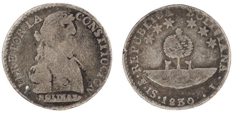 Moneda Republicana. Bolivia. 1 Sol. 1830. J. Potosí. Anv: Busto del Libertador S...