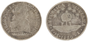 Moneda Republicana. Bolivia. 1 Sol. 1830. J. Potosí. Anv: Busto del Libertador Simón Bolívar mirando hacia la derecha; BOLIVAR / LIBRE POR LA / CONSTI...