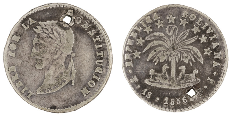 Moneda Republicana. Bolivia. 1 Sol. 1856. F.J. Potosí. Anv: Busto del Libertador...