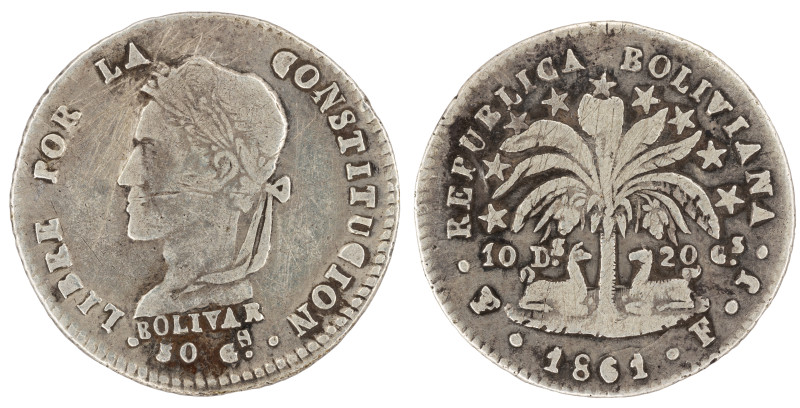 Moneda Republicana. Bolivia. 1 Sol. 1861. F.J. Potosí. Anv: Busto del Libertador...