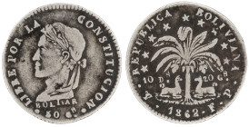 Moneda Republicana. Bolivia. 1 Sol. 1862. F.P. Potosí. Anv: Busto del Libertador Simón Bolívar mirando hacia la izquierda; BOLIVAR / LIBRE POR LA / CO...