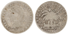 Moneda Republicana. Bolivia. 1 Sol. 1863. F.P. Potosí. Anv: Busto del Libertador Simón Bolívar mirando hacia la izquierda; BOLIVAR / LIBRE POR LA / CO...