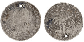 Moneda Republicana. Bolivia. 1 Sol. 1863. F.P. Potosí. Anv: Busto del Libertador Simón Bolívar mirando hacia la izquierda; BOLIVAR / LIBRE POR LA / CO...