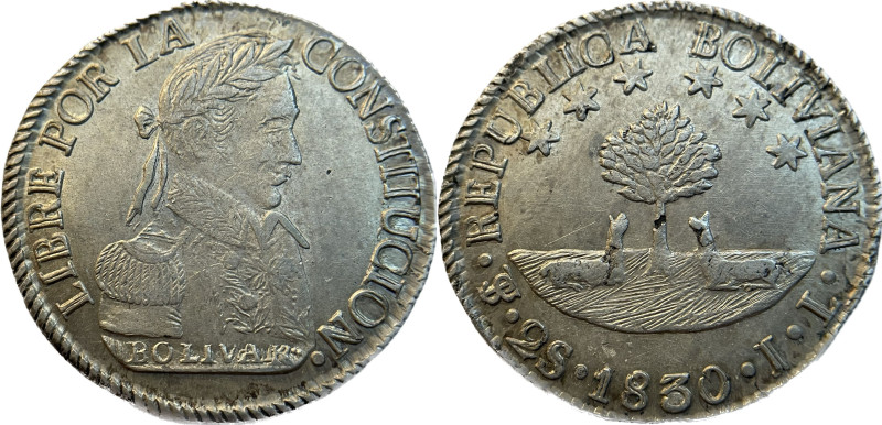 Moneda Republicana. Bolivia. 2 Soles. 1830. J.L. Potosí. Anv: Busto del Libertad...