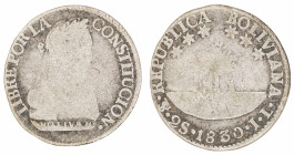 Moneda Republicana. Bolivia. 2 Soles. 1830. J.L. Potosí. Anv: Busto del Libertador Simón Bolívar mirando hacia la derecha; BOLIVAR / LIBRE POR LA / CO...