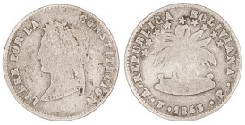 Moneda Republicana. Bolivia. 2 Soles. 1853. F.P. Potosí. Anv: Busto del Libertador Simón Bolívar mirando hacia la izquierda; BOLIVAR / LIBRE POR LA / ...