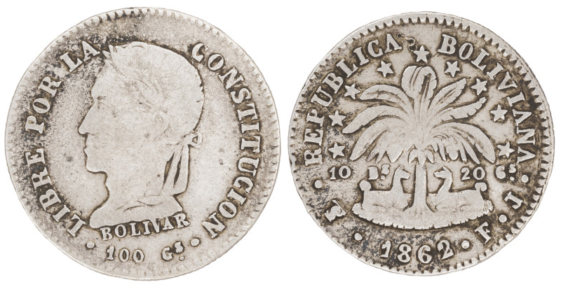 Moneda Republicana. Bolivia. 2 Soles. 1862. F.J. Potosí. Anv: Busto del Libertad...