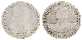 Moneda Republicana. Bolivia. 4 Soles. 1830. J. Potosí. Anv: Busto del Libertador Simón Bolívar mirando hacia la derecha; BOLIVAR / LIBRE POR LA / CONS...