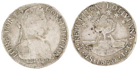 Moneda Republicana. Bolivia. 4 Soles. 1830. J.L. Potosí. Anv: Busto del Libertador Simón Bolívar mirando hacia la derecha; BOLIVAR / LIBRE POR LA / CO...