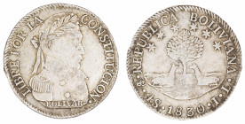 Moneda Republicana. Bolivia. 4 Soles. 1830. J.L. Potosí. Anv: Busto del Libertador Simón Bolívar mirando hacia la derecha; BOLIVAR / LIBRE POR LA / CO...