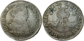 Moneda Republicana. Bolivia. 4 Soles. 1830. J.L. Potosí. Anv: Busto del Libertador Simón Bolívar mirando hacia la derecha; BOLIVAR / LIBRE POR LA / CO...