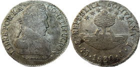 Moneda Republicana. Bolivia. 4 Soles. 1830. J.L. Potosí. Anv: Busto del Libertador Simón Bolívar mirando hacia la derecha; BOLIVAR / LIBRE POR LA / CO...