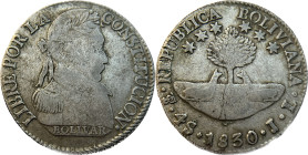 Moneda Republicana. Bolivia. 4 Soles. 1830. J.L. Potosí. Anv: Busto del Libertador Simón Bolívar mirando hacia la derecha; BOLIVAR / LIBRE POR LA / CO...