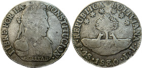 Moneda Republicana. Bolivia. 4 Soles. 1830. J.L. Potosí. Anv: Busto del Libertador Simón Bolívar mirando hacia la derecha; BOLIVAR / LIBRE POR LA / CO...