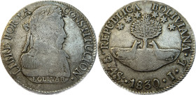 Moneda Republicana. Bolivia. 4 Soles. 1830. J.L. Potosí. Anv: Busto del Libertador Simón Bolívar mirando hacia la derecha; BOLIVAR / LIBRE POR LA / CO...