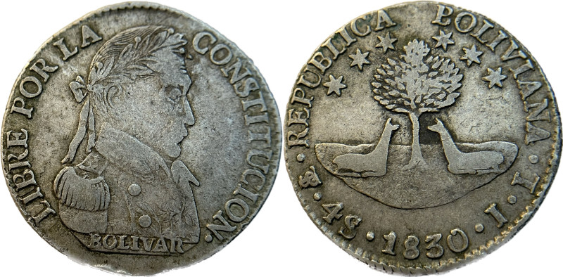 Moneda Republicana. Bolivia. 4 Soles. 1830. J.L. Potosí. Anv: Busto del Libertad...