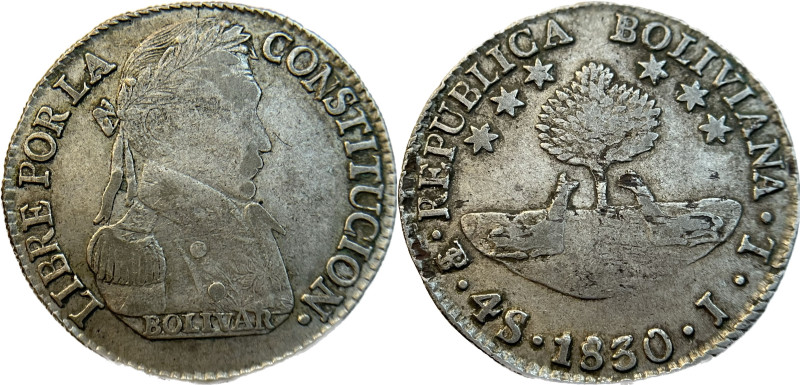 Moneda Republicana. Bolivia. 4 Soles. 1830. J.L. Potosí. Anv: Busto del Libertad...