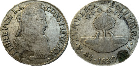 Moneda Republicana. Bolivia. 4 Soles. 1830. J.L. Potosí. Anv: Busto del Libertador Simón Bolívar mirando hacia la derecha; BOLIVAR / LIBRE POR LA / CO...