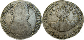 Moneda Republicana. Bolivia. 4 Soles. 1830. J.L. Potosí. Anv: Busto del Libertador Simón Bolívar mirando hacia la derecha; BOLIVAR / LIBRE POR LA / CO...