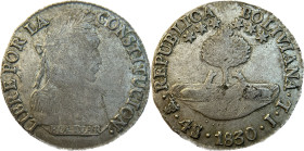 Moneda Republicana. Bolivia. 4 Soles. 1830. J.L. Potosí. Anv: Busto del Libertador Simón Bolívar mirando hacia la derecha; BOLIVAR / LIBRE POR LA / CO...