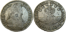 Moneda Republicana. Bolivia. 4 Soles. 1830. J.L Potosí. Anv: Busto del Libertador Simón Bolívar mirando hacia la derecha; BOLIVAR / LIBRE POR LA / CON...