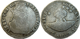Moneda Republicana. Bolivia. 4 Soles. 1830. J.L. Potosí. Anv: Busto del Libertador Simón Bolívar mirando hacia la derecha; BOLIVAR / LIBRE POR LA / CO...