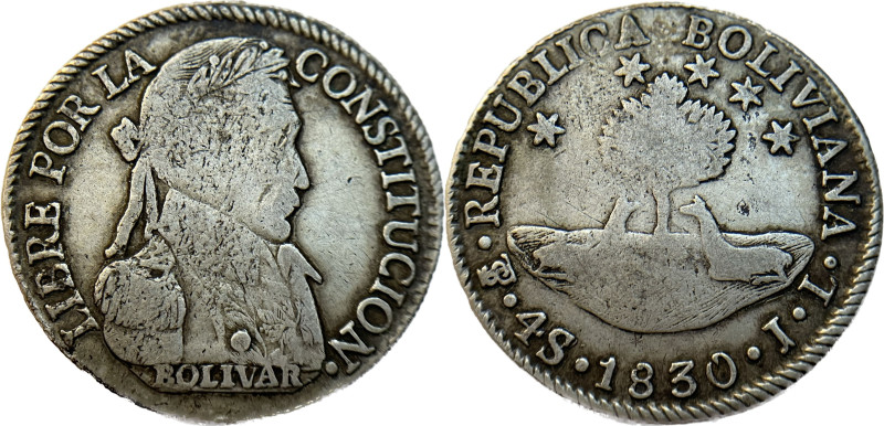 Moneda Republicana. Bolivia. 4 Soles. 1830. J.L. Potosí. Anv: Busto del Libertad...