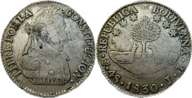 Moneda Republicana. Bolivia. 4 Soles. 1830. J.L. Potosí. Anv: Busto del Libertador Simón Bolívar mirando hacia la derecha; BOLIVAR / LIBRE POR LA / CO...