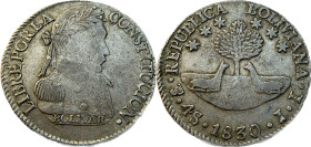 Moneda Republicana. Bolivia. 4 Soles. 1830. J.L. Potosí. Anv: Busto del Libertador Simón Bolívar mirando hacia la derecha; BOLIVAR / LIBRE POR LA / CO...