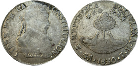 Moneda Republicana. Bolivia. 4 Soles. 1830. J.L. Potosí. Anv: Busto del Libertador Simón Bolívar mirando hacia la derecha; BOLIVAR / LIBRE POR LA / CO...