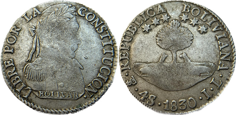 Moneda Republicana. Bolivia. 4 Soles. 1830. J.L. Potosí. Anv: Busto del Libertad...