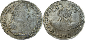 Moneda Republicana. Bolivia. 4 Soles. 1830. J.L. Potosí. Anv: Busto del Libertador Simón Bolívar mirando hacia la derecha; BOLIVAR / LIBRE POR LA / CO...