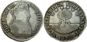 Moneda Republicana. Bolivia. 4 Soles. 1830. J.L. Potosí. Anv: Busto del Libertador Simón Bolívar mirando hacia la derecha; BOLIVAR / LIBRE POR LA / CO...