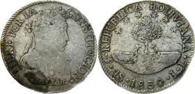 Moneda Republicana. Bolivia. 4 Soles. 1830. J.L. Potosí. Anv: Busto del Libertador Simón Bolívar mirando hacia la derecha; BOLIVAR / LIBRE POR LA / CO...
