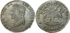 Moneda Republicana. Bolivia. 4 Soles. 1853. F.P. Potosí. Anv: Busto del Libertador Simón Bolívar mirando hacia la izquierda; BOLIVAR / LIBRE POR LA / ...