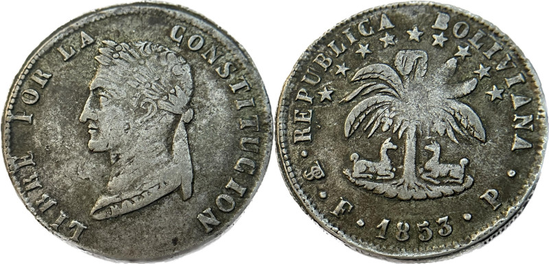 Moneda Republicana. Bolivia. 4 Soles. 1853. F.P. Potosí. Anv: Busto del Libertad...