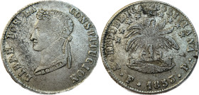 Moneda Republicana. Bolivia. 4 Soles. 1853. F.P. Potosí. Anv: Busto del Libertador Simón Bolívar mirando hacia la izquierda; BOLIVAR / LIBRE POR LA / ...