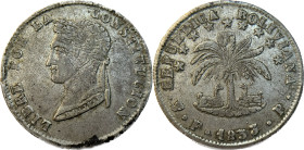 Moneda Republicana. Bolivia. 4 Soles. 1853. F.P. Potosí. Anv: Busto del Libertador Simón Bolívar mirando hacia la izquierda; BOLIVAR / LIBRE POR LA / ...