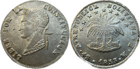 Moneda Republicana. Bolivia. 4 Soles. 1853. M.F. Potosí. Anv: Busto del Libertador Simón Bolívar mirando hacia la izquierda; BOLIVAR / LIBRE POR LA / ...