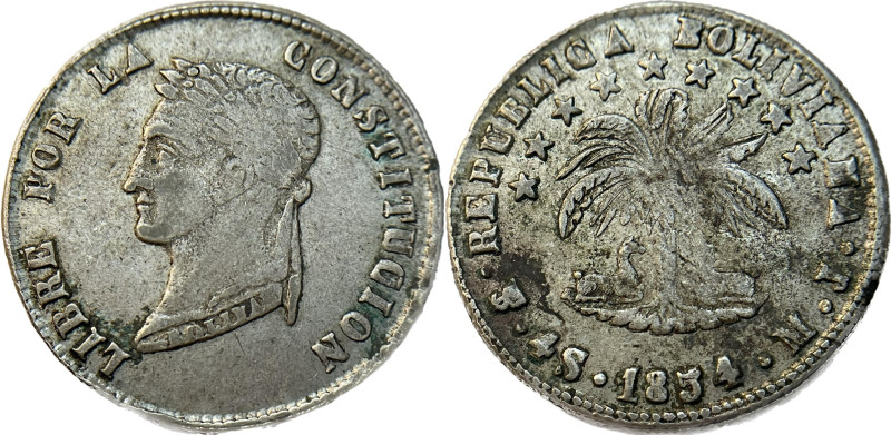 Moneda Republicana. Bolivia. 4 Soles. 1854. M.J. Potosí. Anv: Busto del Libertad...