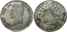 Moneda Republicana. Bolivia. 4 Soles. 1854. M.J. Potosí. Anv: Busto del Libertador Simón Bolívar mirando hacia la izquierda; BOLIVAR / LIBRE POR LA / ...