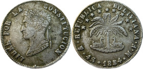 Moneda Republicana. Bolivia. 4 Soles. 1854. M.F. Potosí. Anv: Busto del Libertador Simón Bolívar mirando hacia la izquierda; BOLIVAR / LIBRE POR LA / ...