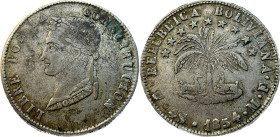 Moneda Republicana. Bolivia. 4 Soles. 1854. M.F. Potosí. Anv: Busto del Libertador Simón Bolívar mirando hacia la izquierda; BOLIVAR / LIBRE POR LA / ...