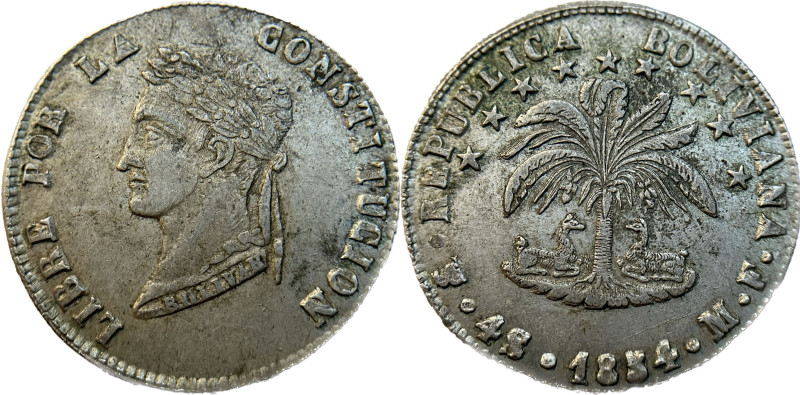 Moneda Republicana. Bolivia. 4 Soles. 1854. M.F. Potosí. Anv: Busto del Libertad...