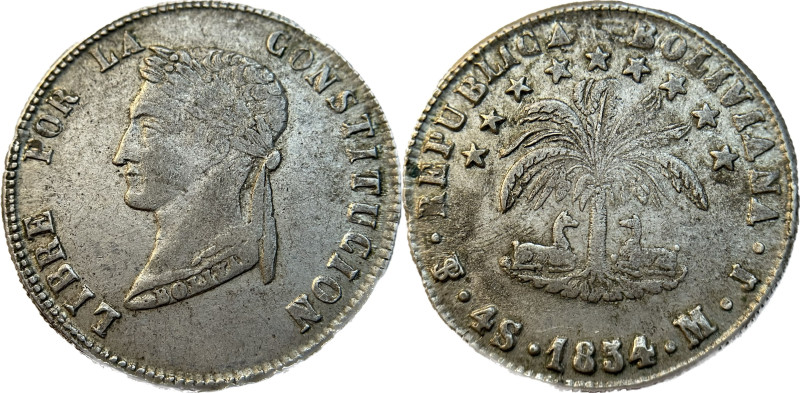 Moneda Republicana. Bolivia. 4 Soles. 1854. M.J. Potosí. Anv: Busto del Libertad...